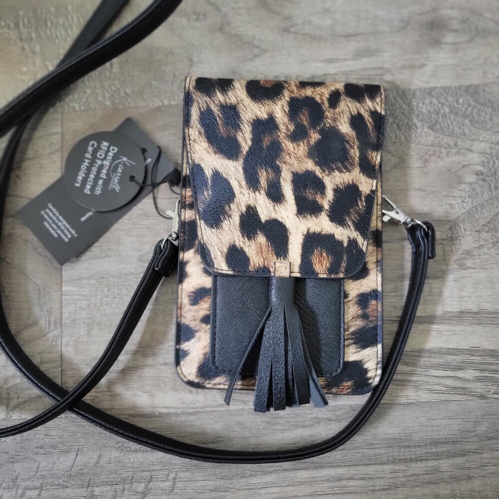 LEOPARED PRINT MINI CROSSBODY BAG WITH BLACK TASSEL - NEW WITH TAGS